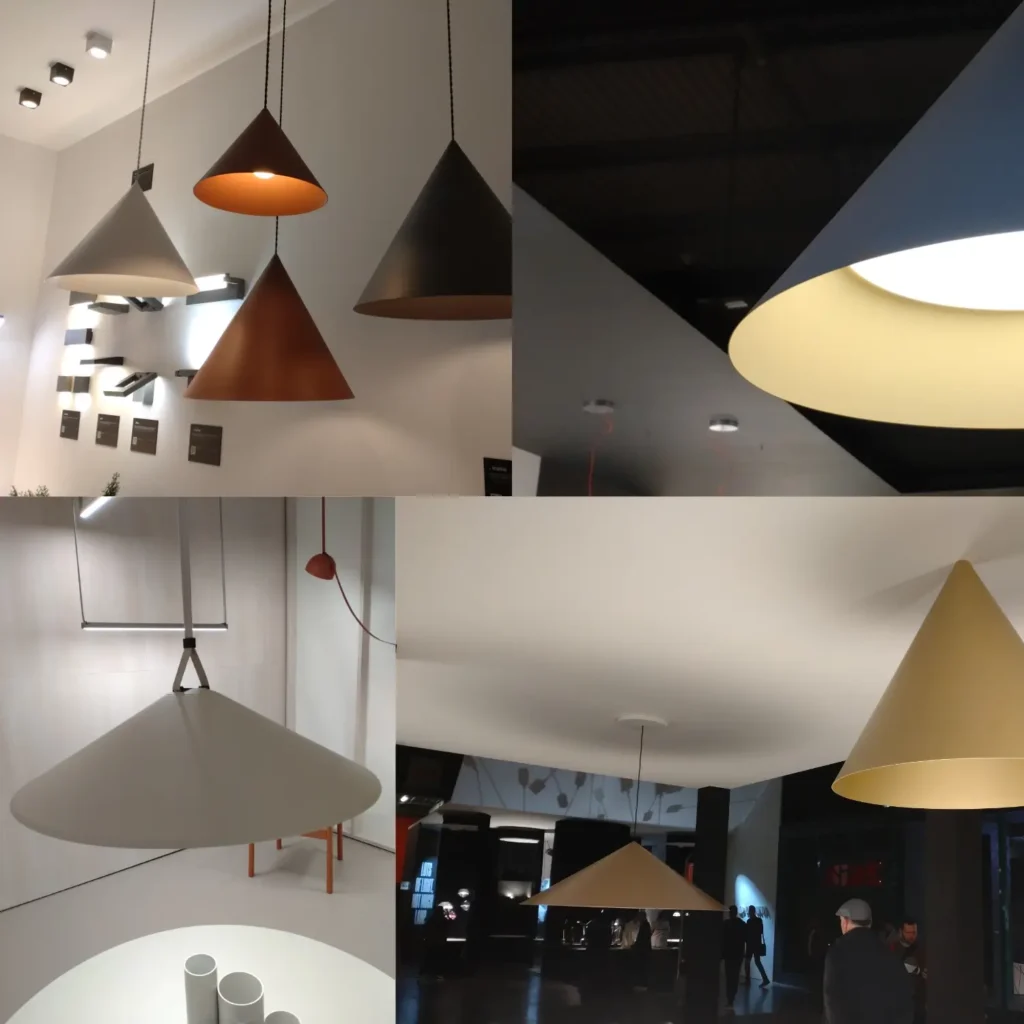 Beispiele von Leuchten in schlichter Kegelform auf der Euroluce 2025
